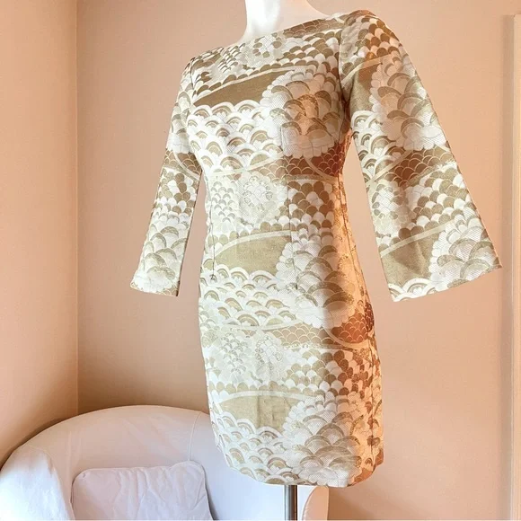 Trina Turk Gold Metallic Scalloped Cocktail Dress Trina Turk Gold Metallic Scalloped Cocktail Dress